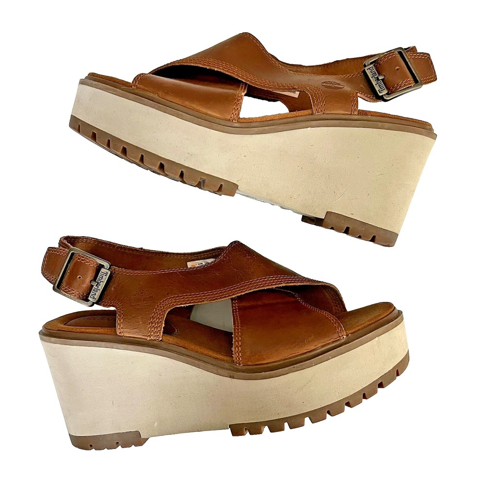 Timberland Koralyn Womens Brown Leather Wedge Sandals Y2K 90s Size 6